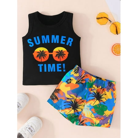 

2Pcs Infant Baby Boys Summer Clothing Sets Cute Letters Print Sleeveless Tank Tops T-Shirt + Palm Shorts Beach Outfits
