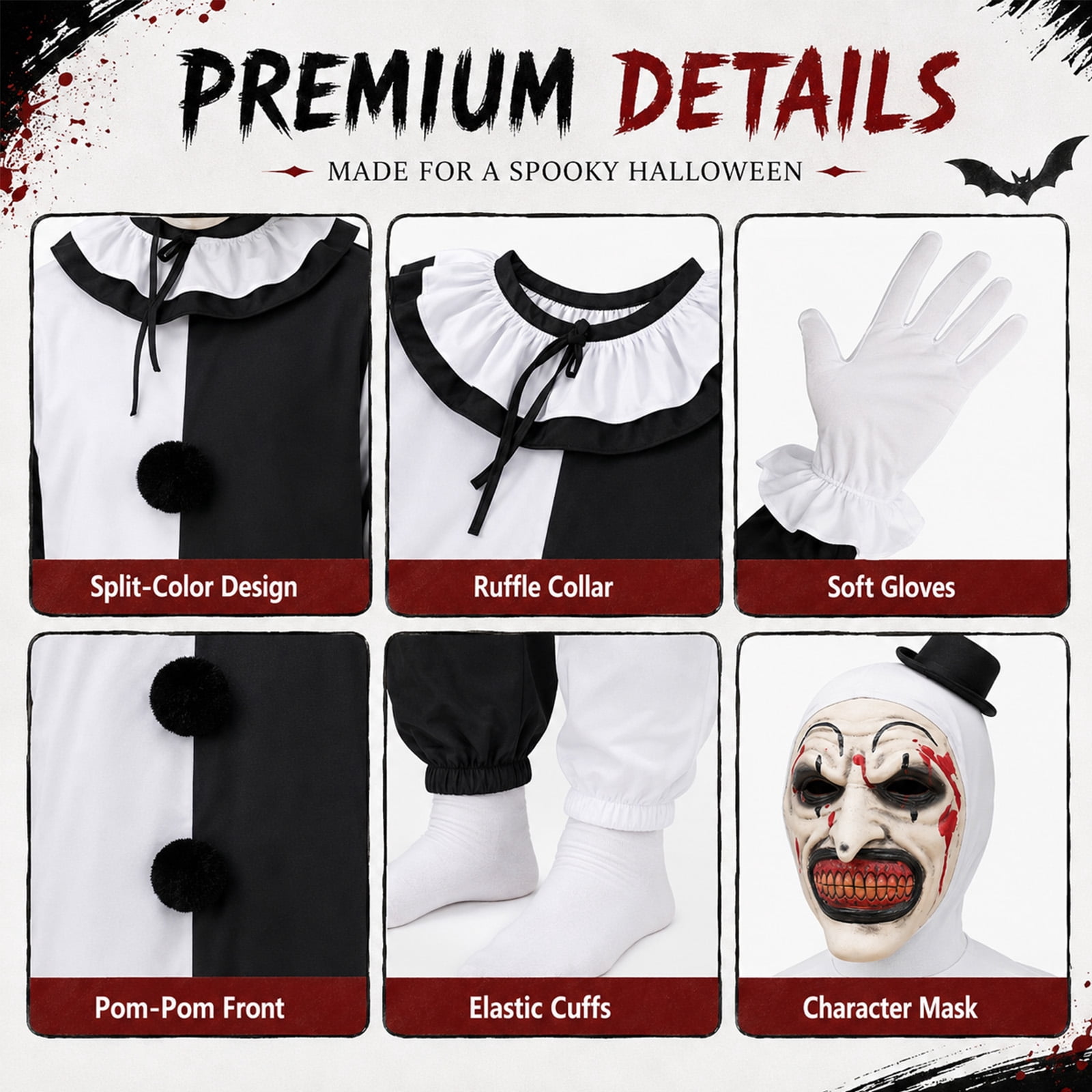 GOBWCOT Kids Clown Costume Terrifying Killer Black & White Scary Clown Jumpsuit Outfit with Mask, Knife Prop, Gloves for Halloween