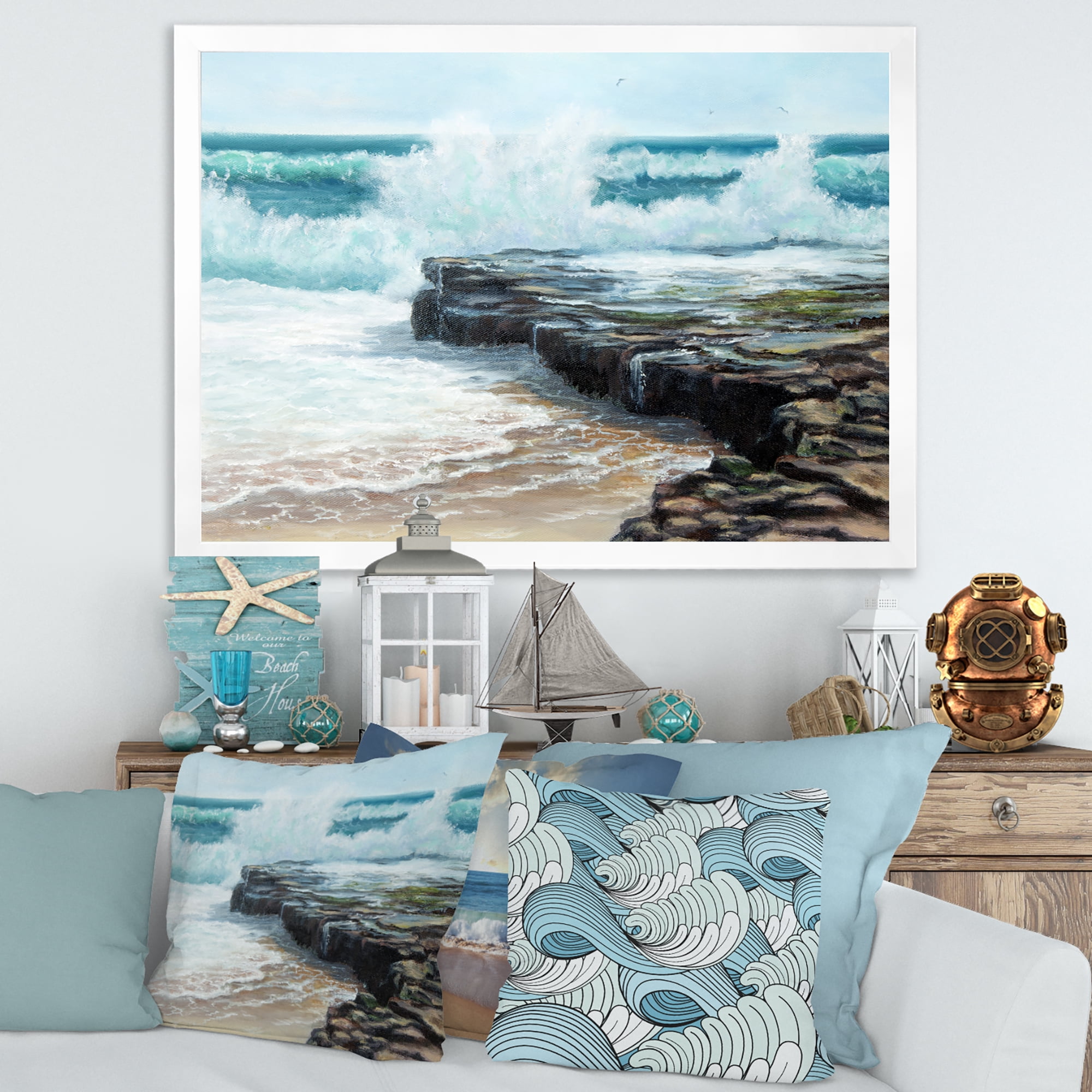 Designart 'Wild Ocean Waves Breaking On The Shore' Nautical & Coastal Framed Art Print