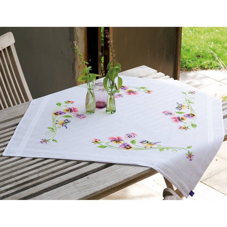Little Birds And Pansies Tablecloth Stamped Embroidery Kit, 32" x 32