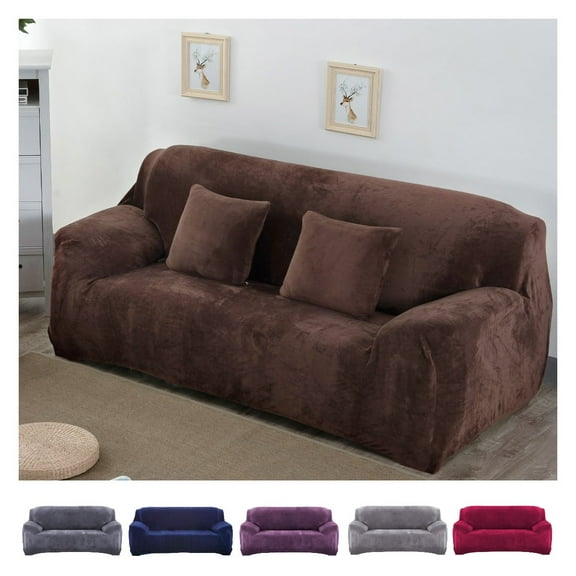 Velvet Sofa Cover 3 Seaters Plush Couch Cover Slipcover All-Inclusive Protector Washable with Non-Slip Straps, Coffee