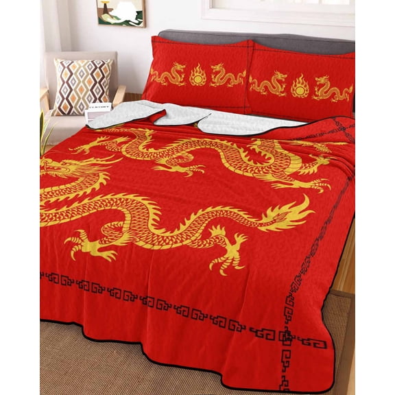 Red Yellow Dragon Queen Size Down Alternative Comforter, Lightweight Comforter Quilt Bedding Set with Pillow Shams Happy New Year All Seasons Bed Comforter Duvet Insert 90"x96"