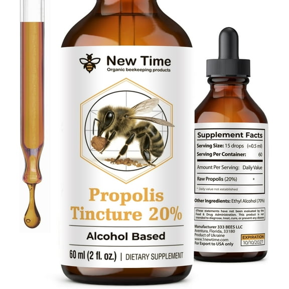 Bee Propolis Liquid Extract Tincture 20% – 2 fl oz (60 mL), 70% Alcohol, Amber Glass Dropper