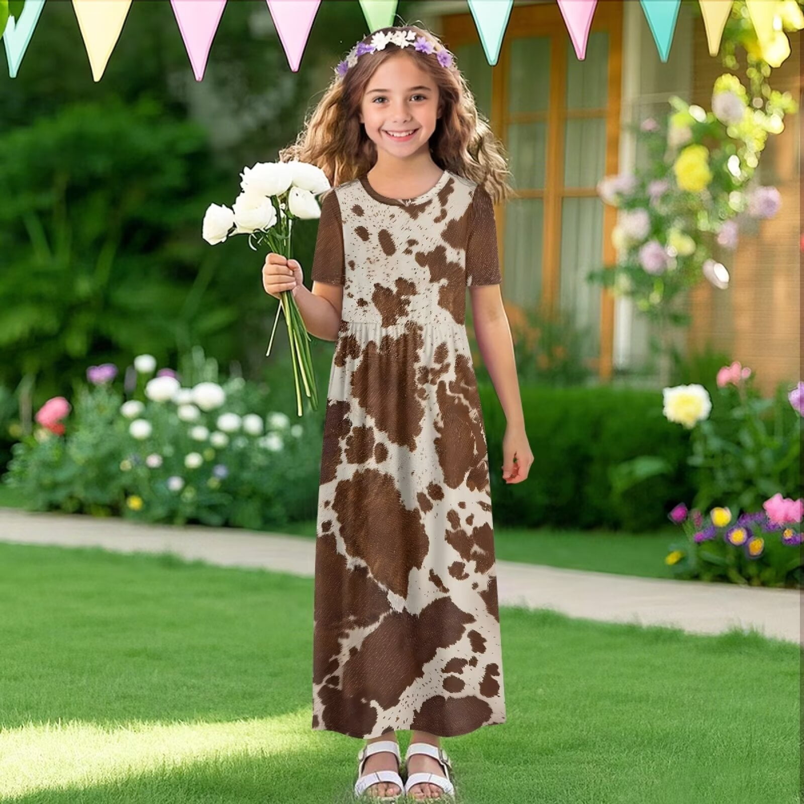 Uourmeti Girls Elegant Maxi Dress, Brown Cow Printed Short Sleeves Dress with Pockets Summer Long Holiday Dresses, Size 9-10 Years