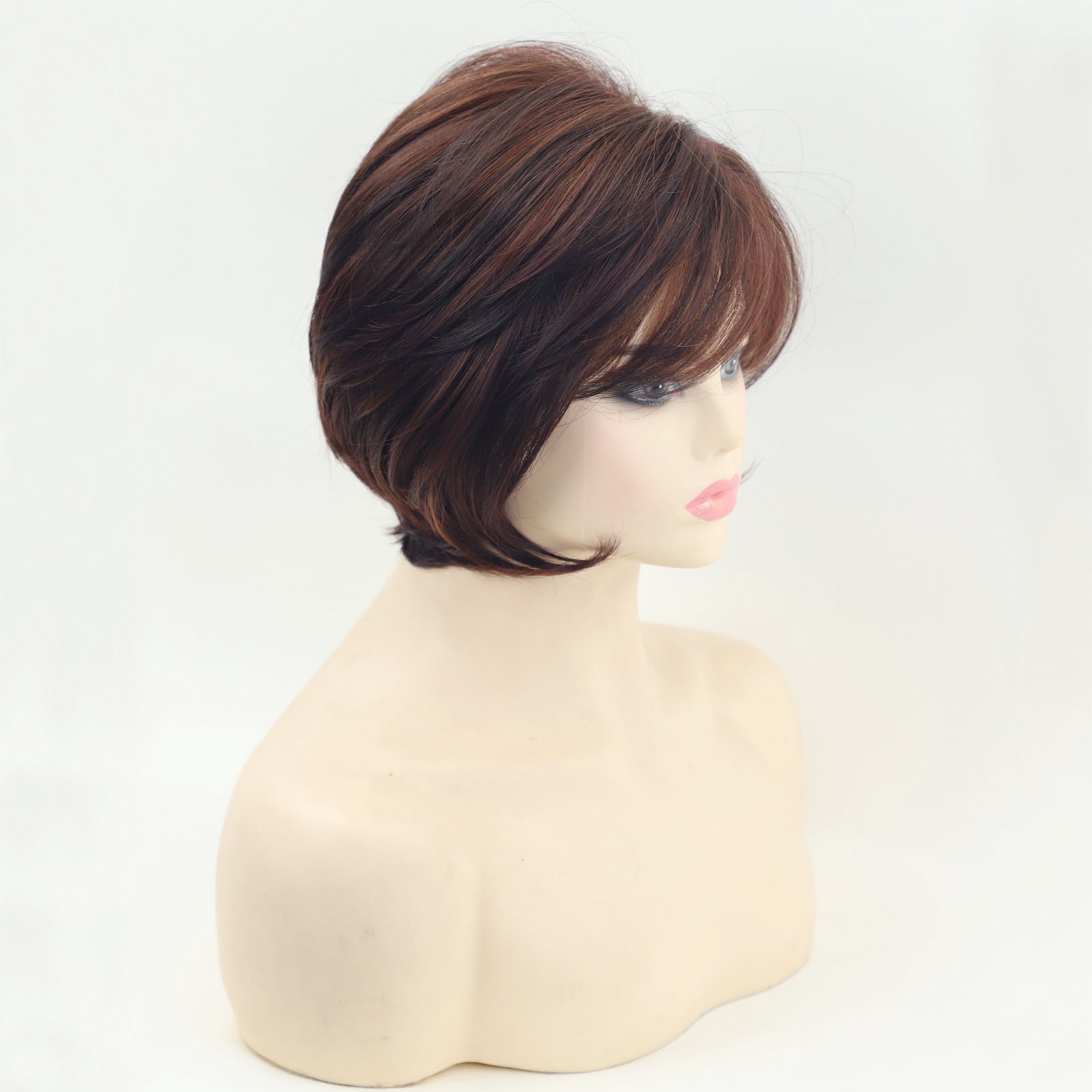 Women Short Straight Auburn Wig Side Bangs Heat Resistant Synthetic Hair