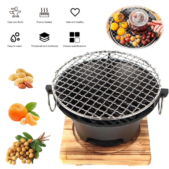 Happyhtes 9.45In Cast Iron Japanese Hibachi Grill, Portable Round BBQ Stove With Wooden Base, Outdoor Grill For Camping, Picnic And Family Party