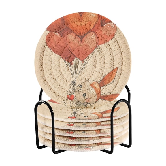 Rabbit Hearts Balloons 6 Pcs Drink Coasters with Holder Absorbent Coasters Woven Coasters for Drinks Table Desk Protection Home Decor