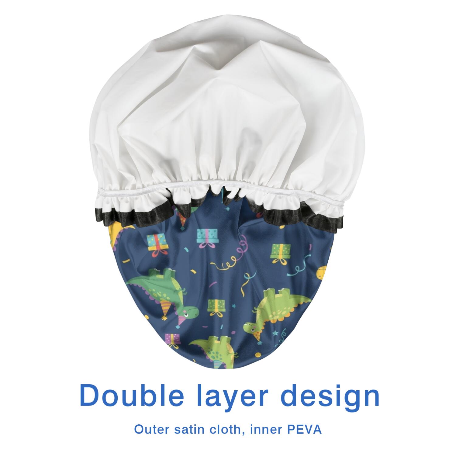 Shower Caps,DarkBlue Cartoon Dinosaurs PartyElements Pattern Waterproof Shower Cap for Women 4 Pieces,Double Reusable Hair Cover for Shower PEVA Elastic Stretch Hem