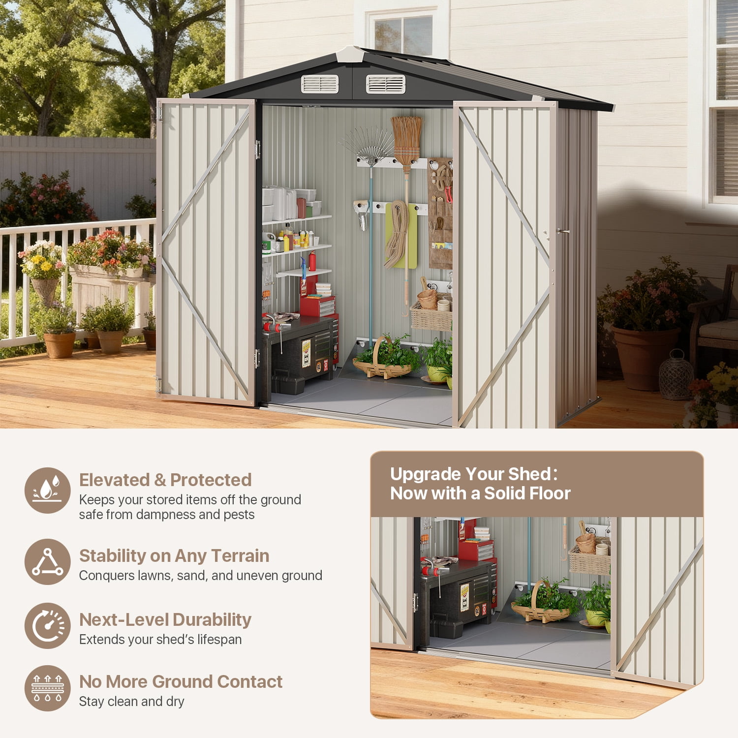 BaPiPro 6x4FT Brown Metal Storage Shed with Solid Floor, Gable Roof & Double Doors