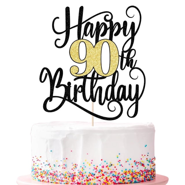 Cake topper Ruscalin Feliz 90 cumpleaños negro y dorado