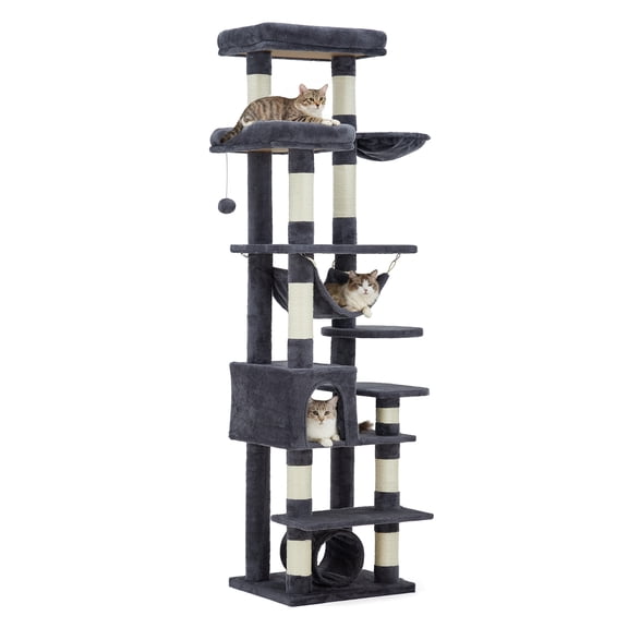 Yiwa Arbre à Chat Robuste de 74 Pouces pour Grands Chats, avec 6 Poteaux à Griffer en Sisal, Perchoir Supérieur Spacieux, Jouets et une Maison pour Grands Chats Adultes d'Intérieur
