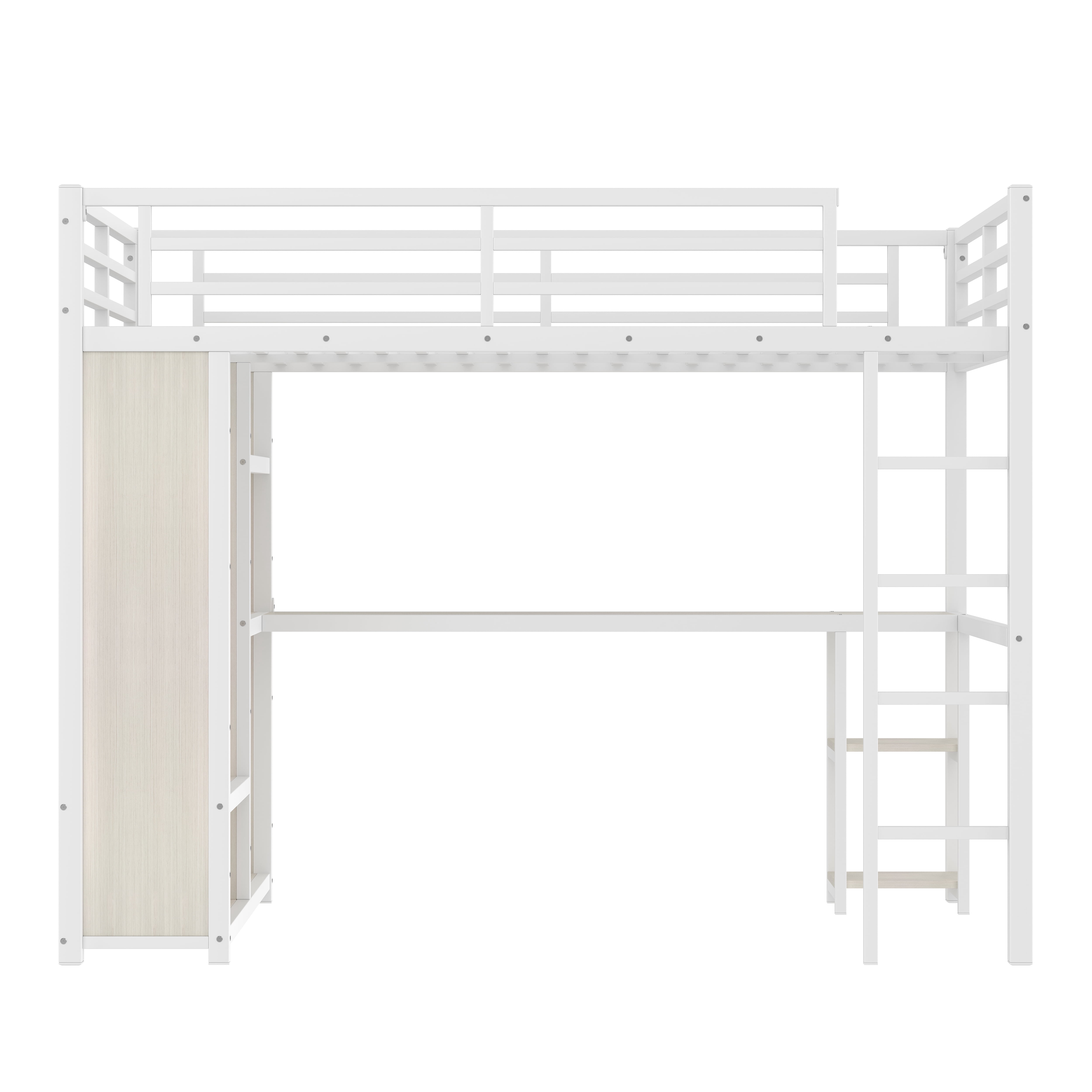 Leumius Queen Size Metal Loft Bed with Built-in Wardrobe,Heavy Duty Loft Bed Frame with Desk and Storage Shelves,Space-Saving,White