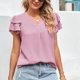thumbnail image 2 of Camiseta de manga corta para mujer, cuello en V, manga con volantes, informal, cómoda, Top de verano para uso diario, Rosa M, 2 of 6