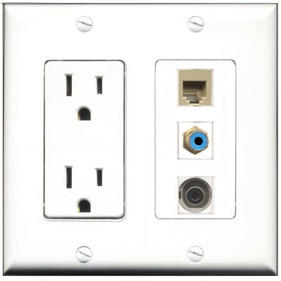 RiteAV - 15 Amp Power Outlet 1 Port RCA Blue 1 Port Phone Beige 1 Port 3.5mm Decorative Wall Plate