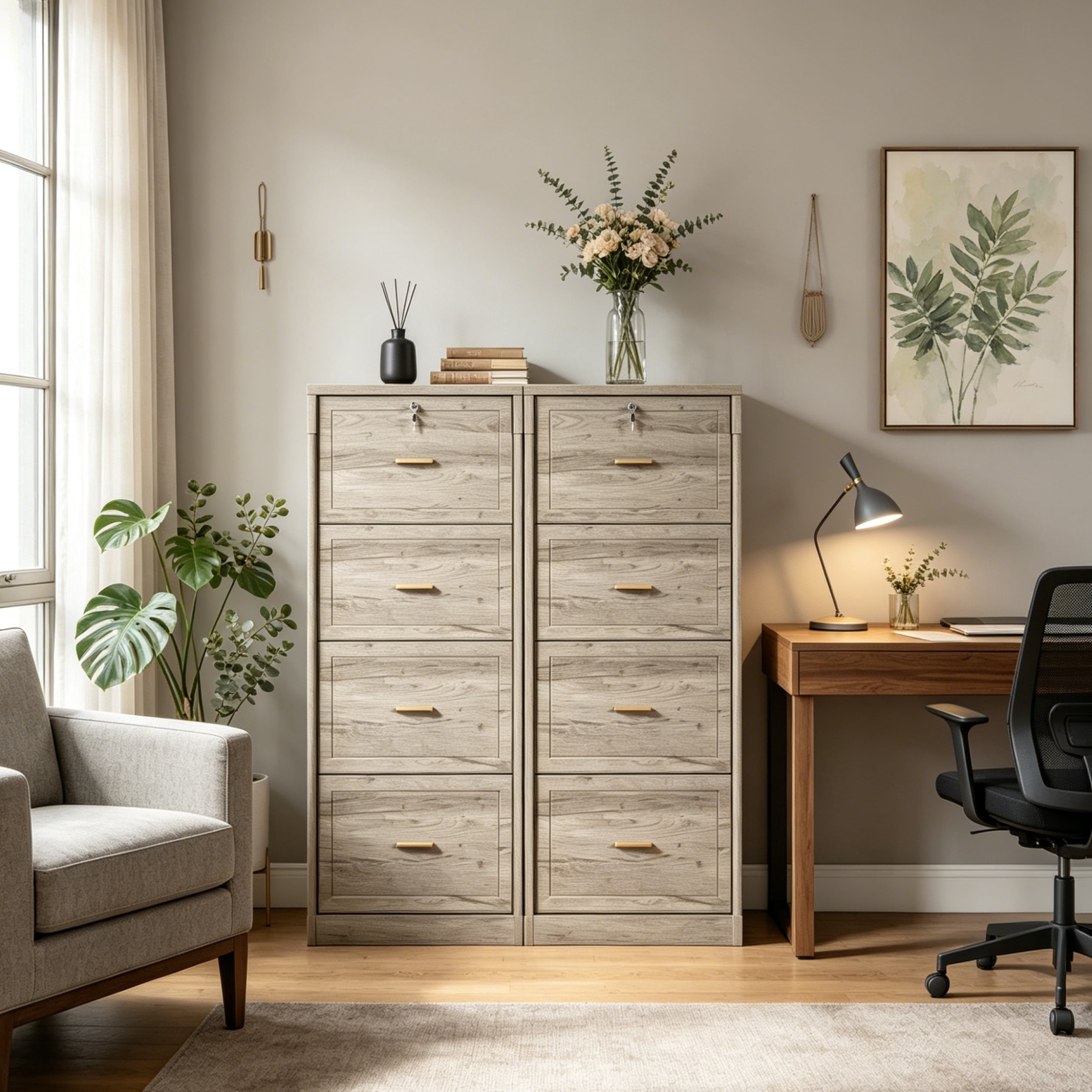 Fnova 4-Drawer File Cabinet, Tall Filing Cabinet with Lock and Key, Heavy Duty Wooden Vertical Office Storage Organizer for Legal Size/Letter/A4/Files, Home Office, Gray