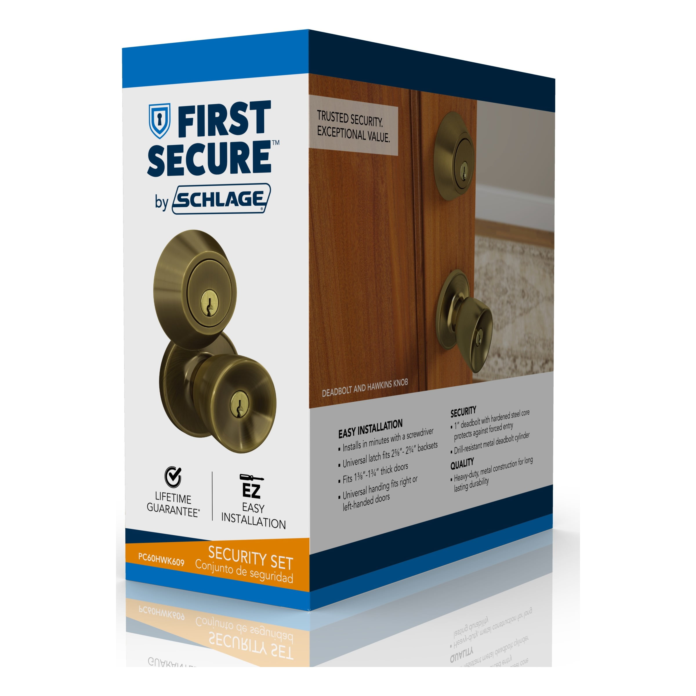 First Secure by Schlage Deadbolt and Keyed Entry Hawkins Knob in Antique Brass