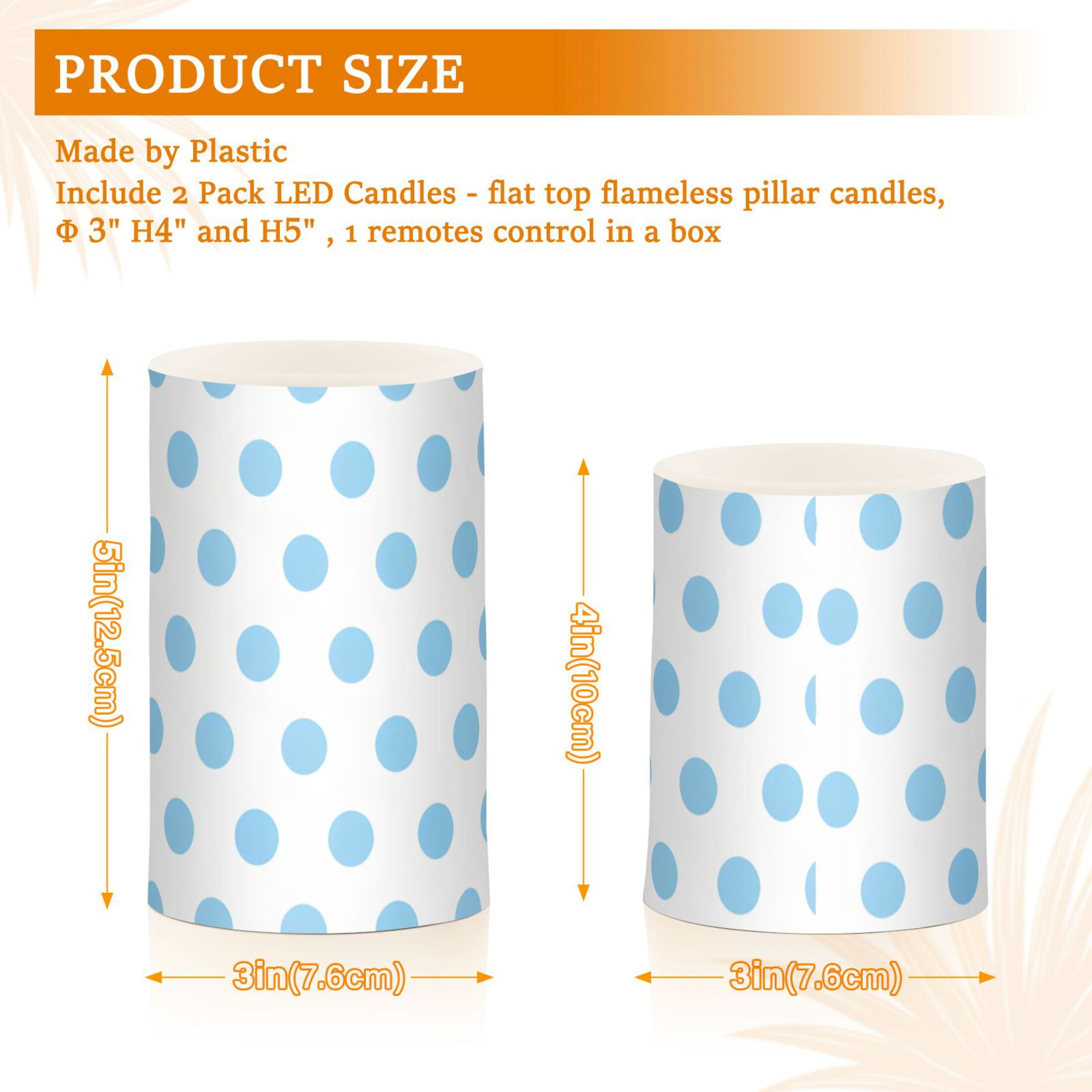 Light Blue Polka Dot Flickering Flameless LED Candles set of 2 Battery Operated 18-Key Remotes Timer Halloween Fall Decor D3''xH4''5''