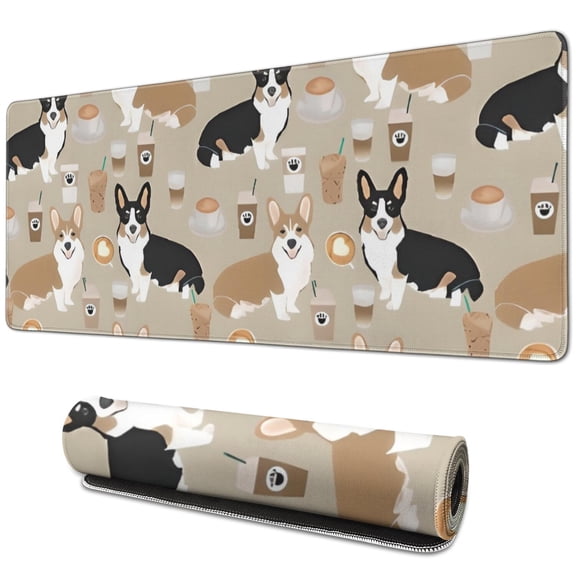 Long Mouse Pads for Desk,Cartoon Corgi and Coffee Desk Mats on Top Of Desks, Desk Mouse Pad Extra Large with 3mm Non-Slip Base and Stitched Edge for Gaming,Office,Work,Home 31.5"x11.8"