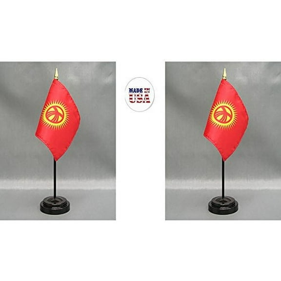 Made in The USA. 2 Kyrgyzstan Rayon 4"x6" Miniature Office Desk & Little Hand Waving Table Flags Includes 2 Flag Stands & 2 Small Mini Kyrgyzstan Stick Flags
