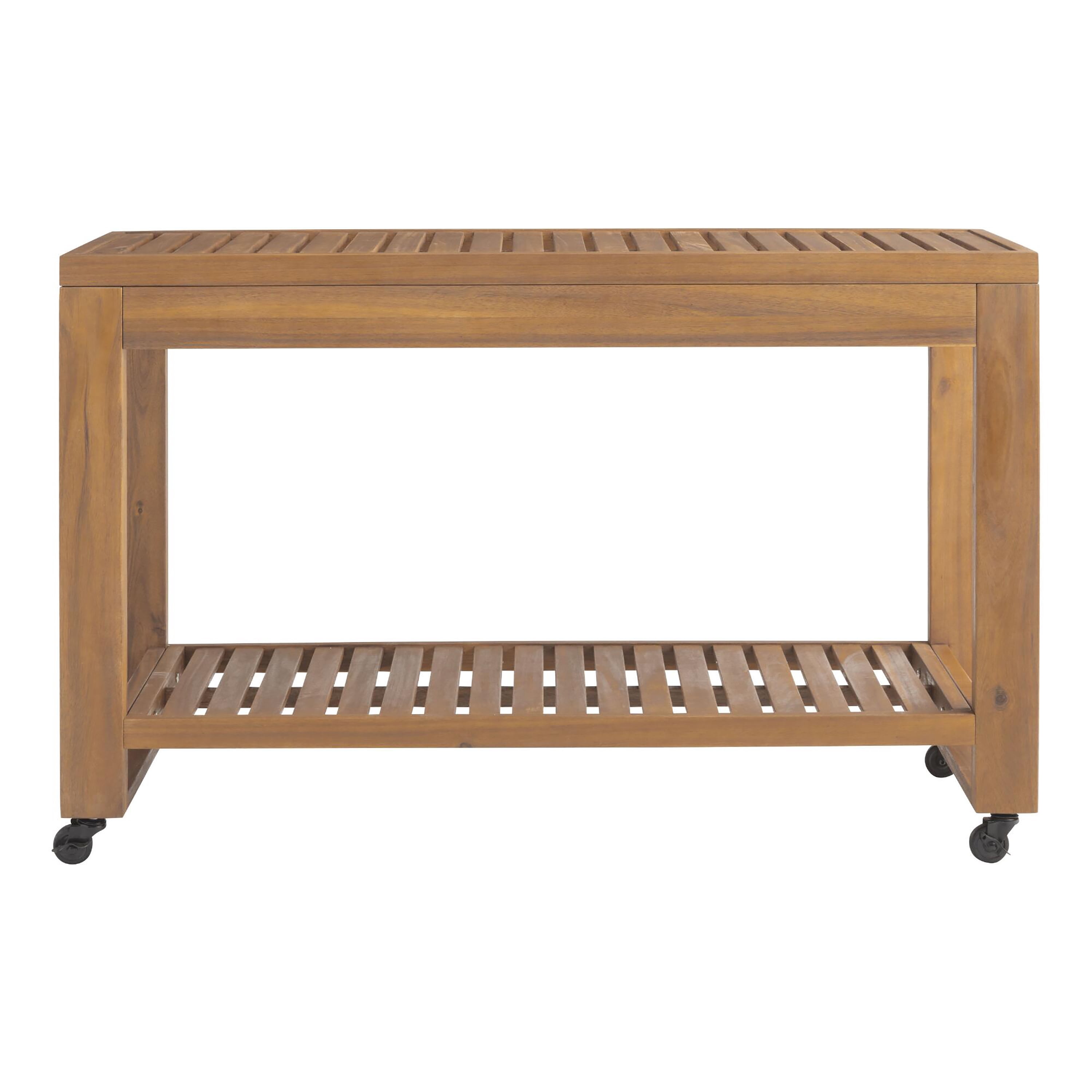 Linon Cormeer Outdoor Island Slatted Surface Teak Kitchen Island Wheels and Locking Casters, Natural