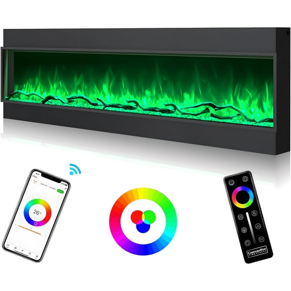 Cosmopolitan Fireplaces Phoenix Univue Series 80-inch Built-in Electric Fireplace with Realistic Flames, Low Noise 1500/750 Watt Fireplace Heater