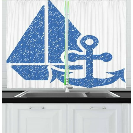 Curtains Marina Vintage Blue Curtains 2 Panels Set, Marine Themed Anchor and Sailboat with Grungy Design Nautical Print, Window Drapes for Living Room Bedroom, 55W X 39L Inches, Azure Blue and White, by Ambesonne ()
