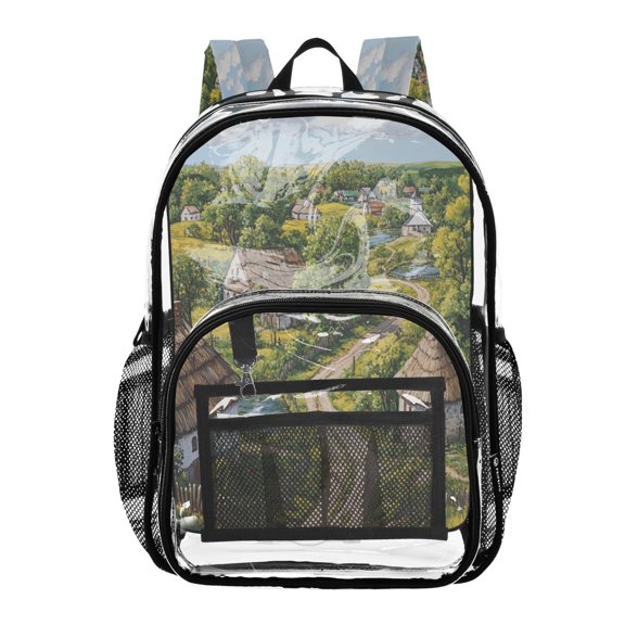Clear PVC Backpack Large Capacity Multi-Pocket Printed Shoulder Bag Lightweight Daypack for School Travel Outdoor Countryside