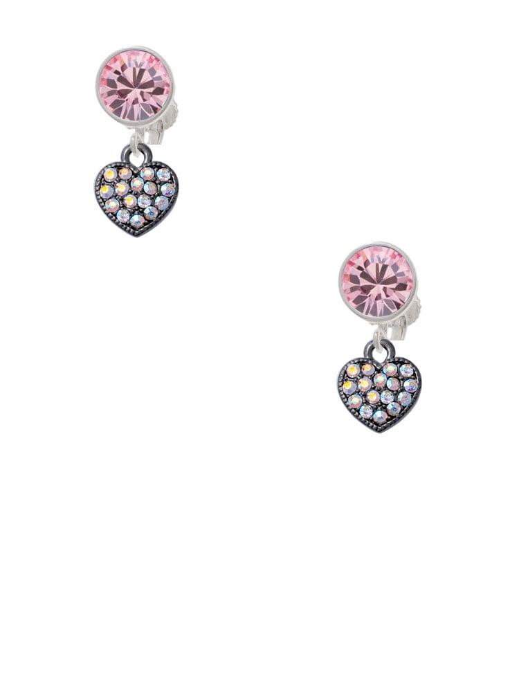 Delight Jewelry Black Nickeltone Clear AB Crystal Heart Pink Crystal Clip on Earrings