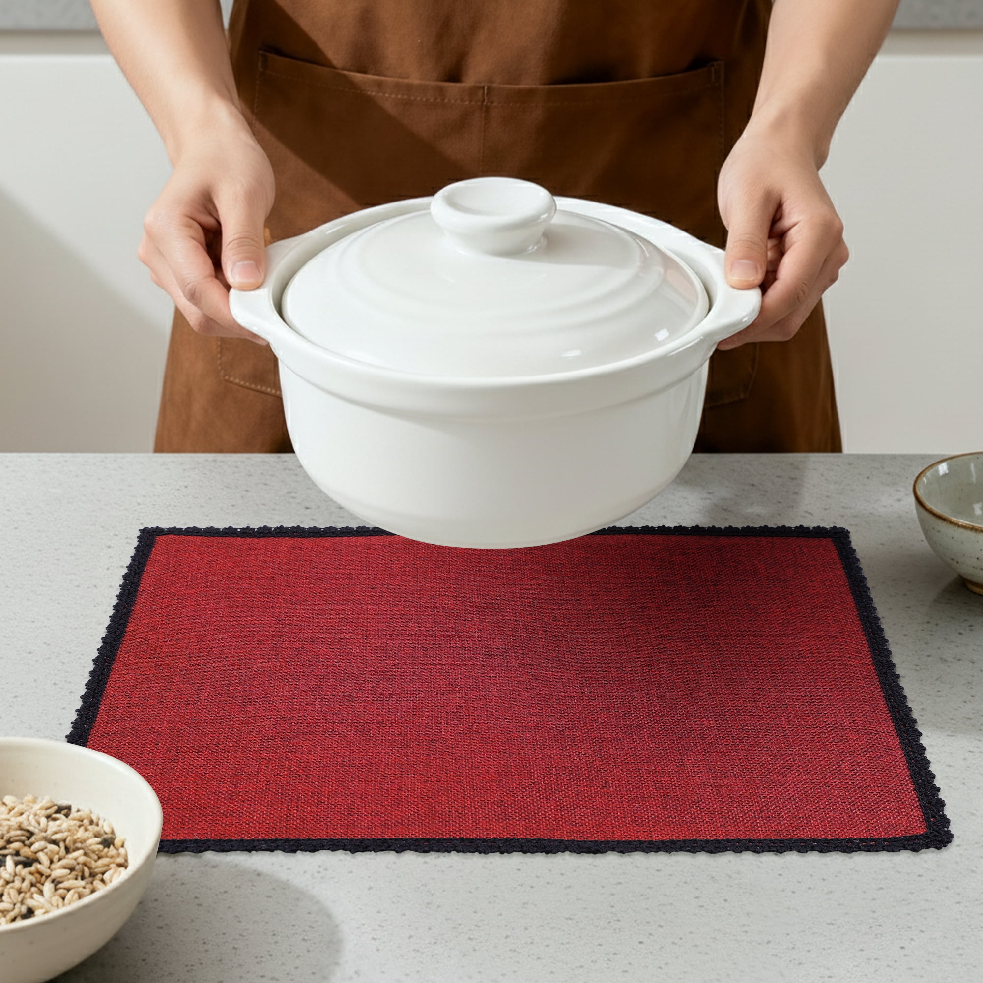 Unique Bargains Farmhouse Placemats 6pcs Cotton and Linen Burgundy 17.7"x11.8"