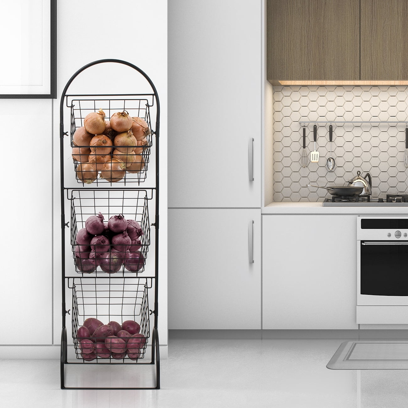Sorbus 3-Tier Wire Market Basket Storage Stand for Fruit, Vegetables, Toiletries, Household Items, Stylish Tiered Serving Stand Baskets for Kitchen, Bathroom Organization (3 Tier Basket - Black)