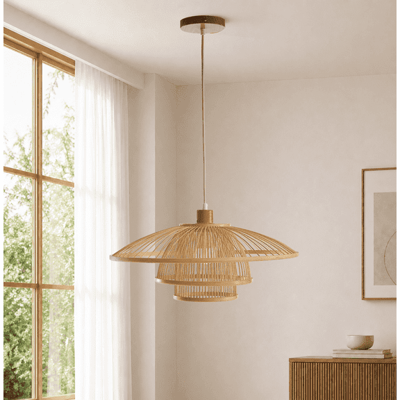 Booniture 20.5 Inch Multi-Tier Bamboo Pendant Light, Adjustable Hanging Ceiling Lamp, Natural Woven Light Fixture for Dining Room Living Room Restaurant.