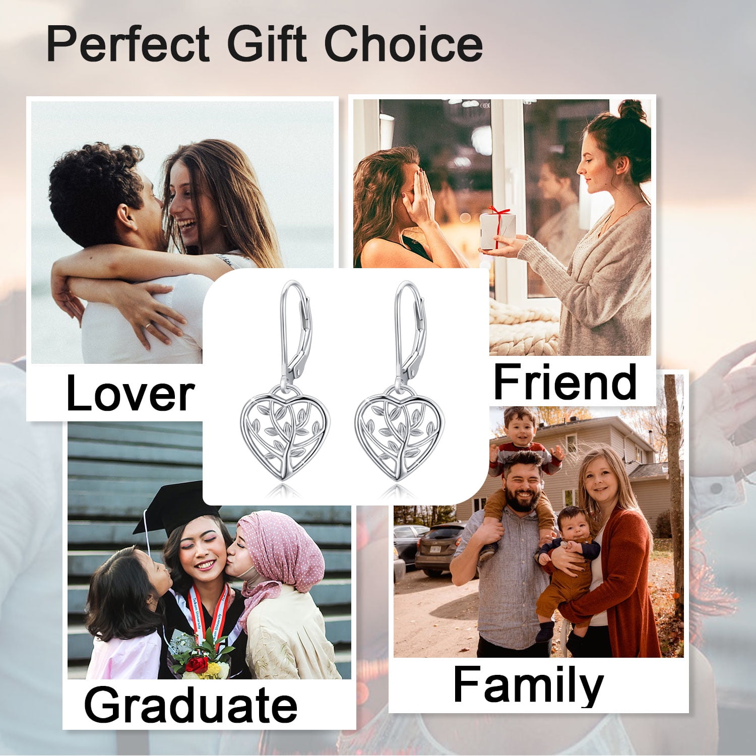 AOVEAO Heart Leverback Earrings 925 Sterling Silver Tree of Life Dangle Earrings 18K White Gold Plated Jewelry for Women Wife Mom Birthday Xmas Gift for Sensitive Ears