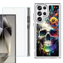 OneToughShield ® Case Compatible with Samsung Galaxy S24 Ultra, Shockproof Bumper Phone Case, with Tempered Glass Screen Protector - Skull Flower