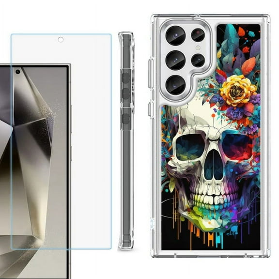 OneToughShield ® Case Compatible with Samsung Galaxy S24 Ultra, Shockproof Bumper Phone Case, with Tempered Glass Screen Protector - Skull Flower