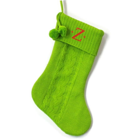Cable Knit Stocking Monogrammed Christmas Stocking, Green Cable Knit with Poms with Serif Embroidered Initial ()