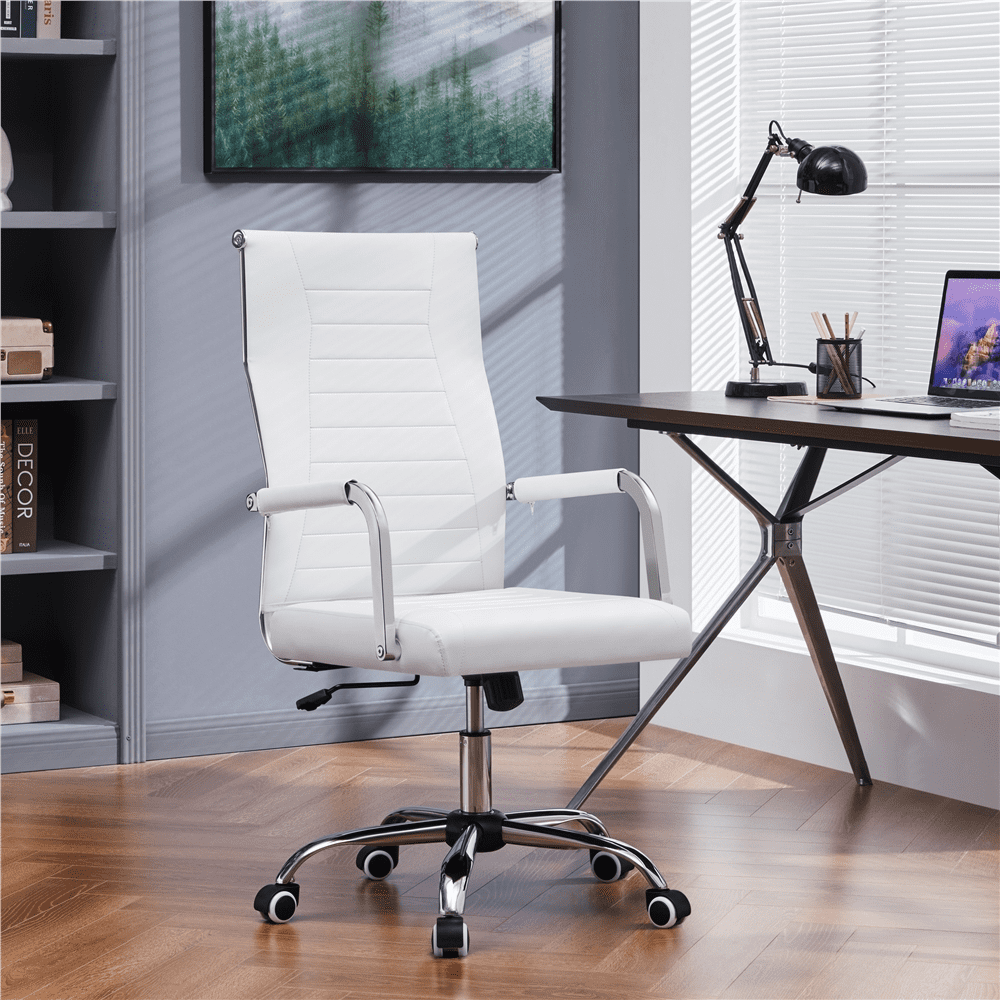 Alden Design Modern Adult Faux Leather Office Desk Chair with Mid-back for Home Office, White
