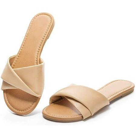 BadPiggies Women s Flat Sandals Fashion Slides Soft Leather Slippers Dressy Summer Shoes Size 6-11