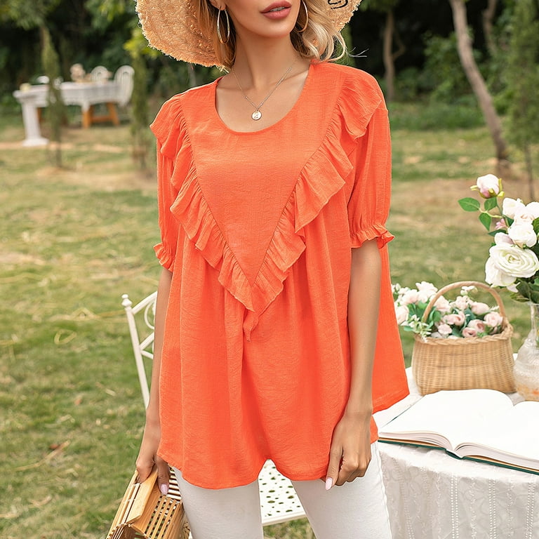 Buy the NWT Womens Orange Round Neck Pleated Short Sleeve Pullover Blouse  Top Sz 4