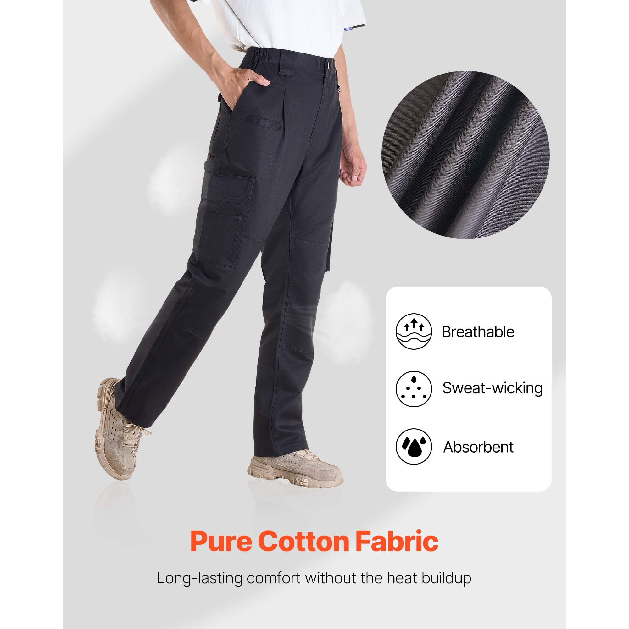 KFFKFF Flame-Resistant Men's Pants, 9 oz 100% Cotton, Durable Cargo Design with Multiple Pockets and Elastic Waistband, Reinforced Stitching for Welding and Everyday Use, L Size, Black
