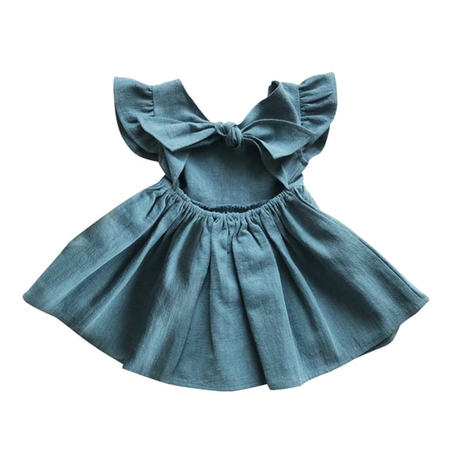 FAIWAD Robe Bébé Fille Coton Lin Volants Sans Manches Robes Enfants Dos Nœud Robe d'Été