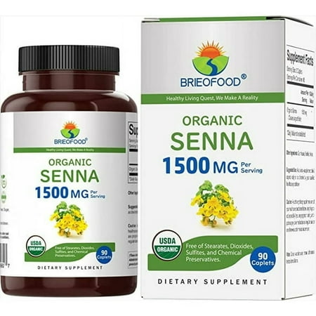 (3 pack) Brieofood Organic Senna 1500mg, 45 Servings, Vegetarian, Gluten Free, 90 Vegetarian Tablets