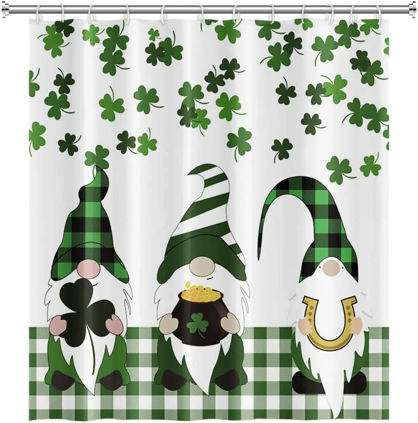 St.Patrick's Day Gnome Shower Curtain,Green Shamrock Shower Curtain