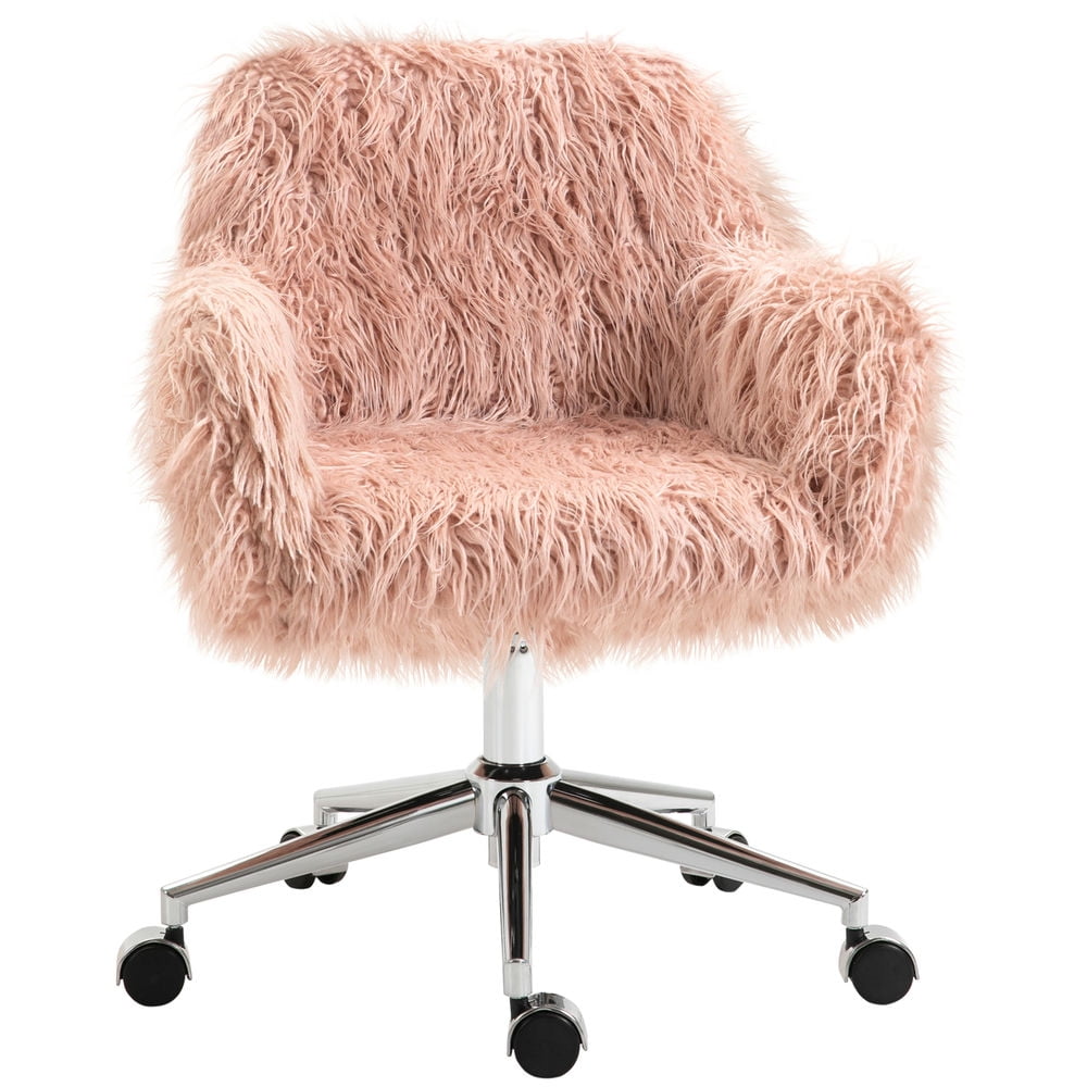 Demi Bonn Faux Fur Home Office Chair, Height Adjustable 360 Degree Swivel Rolling Desk Chair with Arms and Wheels, Pink
