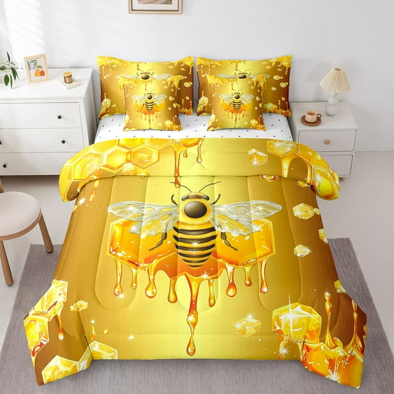 Erosebridal Gold Bee Bedding Twin Size, Honeycomb Geometry Bedding Sets Twin Size, Kawaii Animal Reversible Bed Set, Super Cozy Room Decor, 7 Pieces