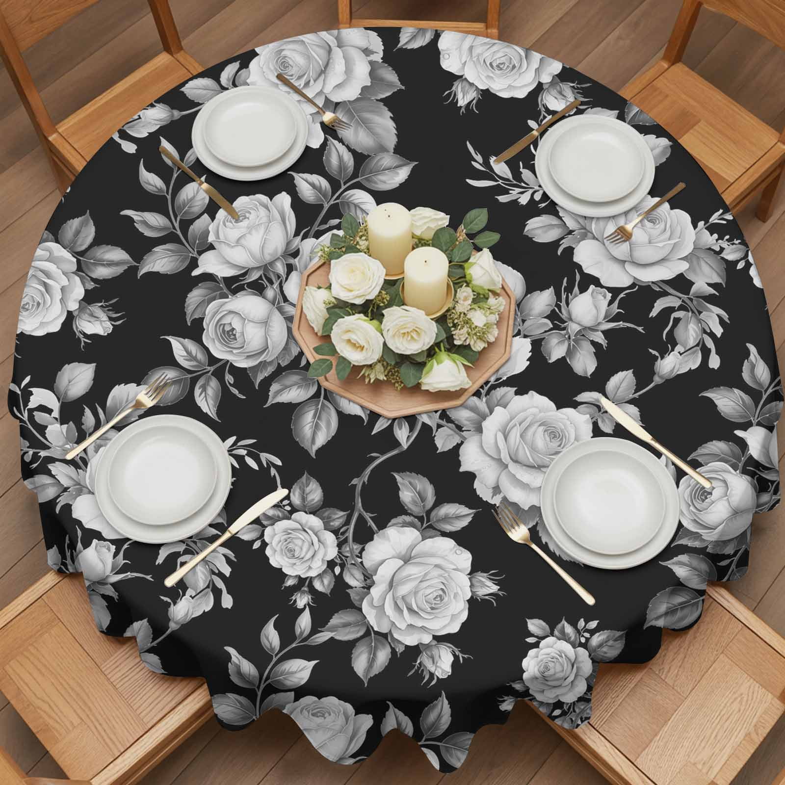 Round Tablecloth Black Floral Rose Waterproof Oil Proof Polyester Table Cloth Cover Decor for Home Dining Outdoor,Patio,Parties, 60" Dia. Vintage Leaf Flower