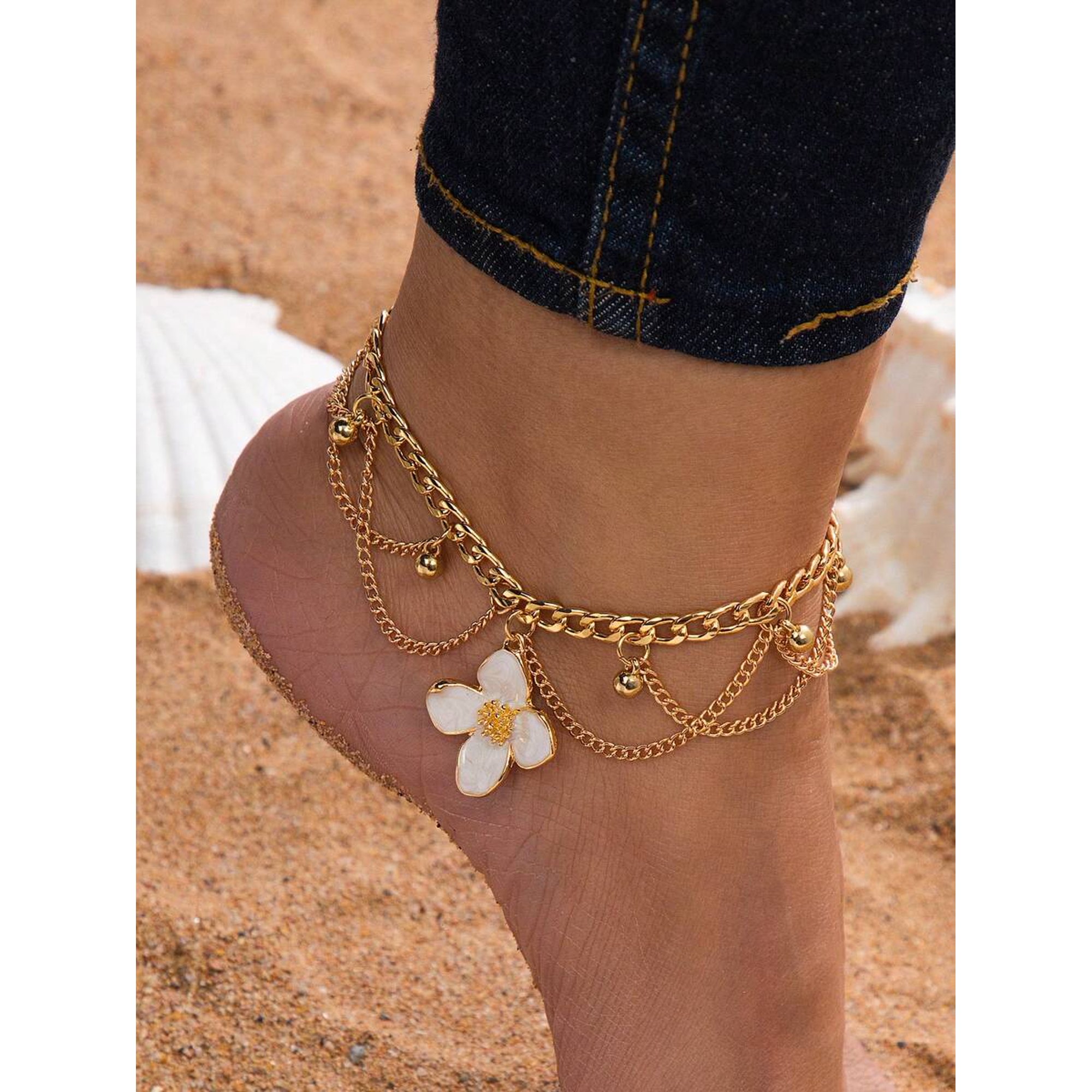 Multilayer Goldtone Anklet With White Enamel Flower Charm And Chain Details
