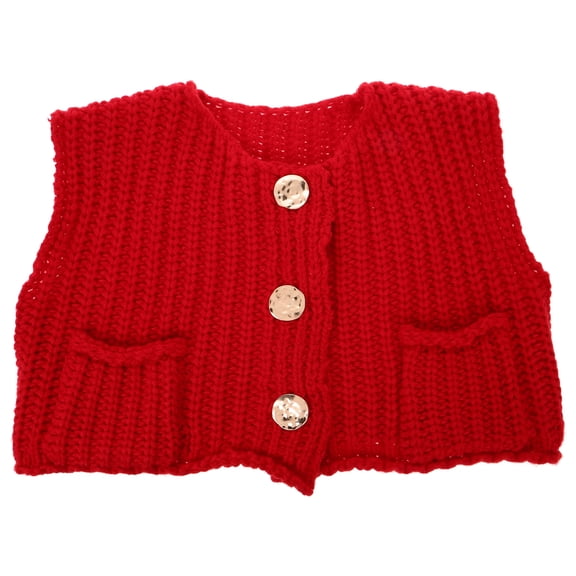 LOLIPPYY Women's Red Sleeveless Crochet Knit Sweater Vest, Cropped Chunky Button-Up Cardigan, Medium Size Top