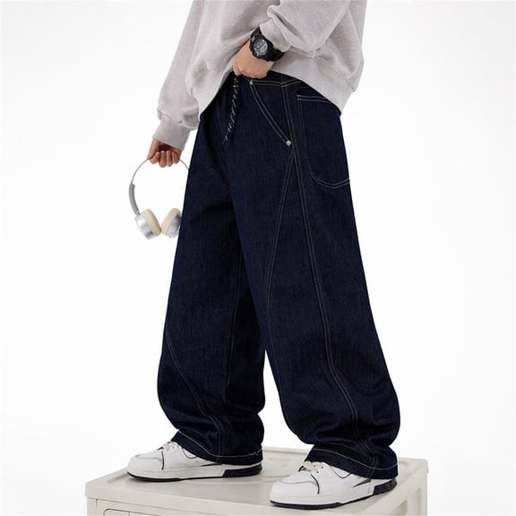 Boys' Dark Wash Wide Leg Denim Pants, Elastic Waist Casual Baggy Trousers for Kids A 120