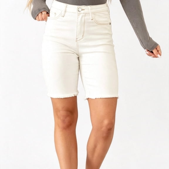 Women's High Waisted Stretch Denim Bermuda Shorts with Raw Frayed Hem and Contrast Stitching, Off-White Cream Casual Summer Jean Shorts