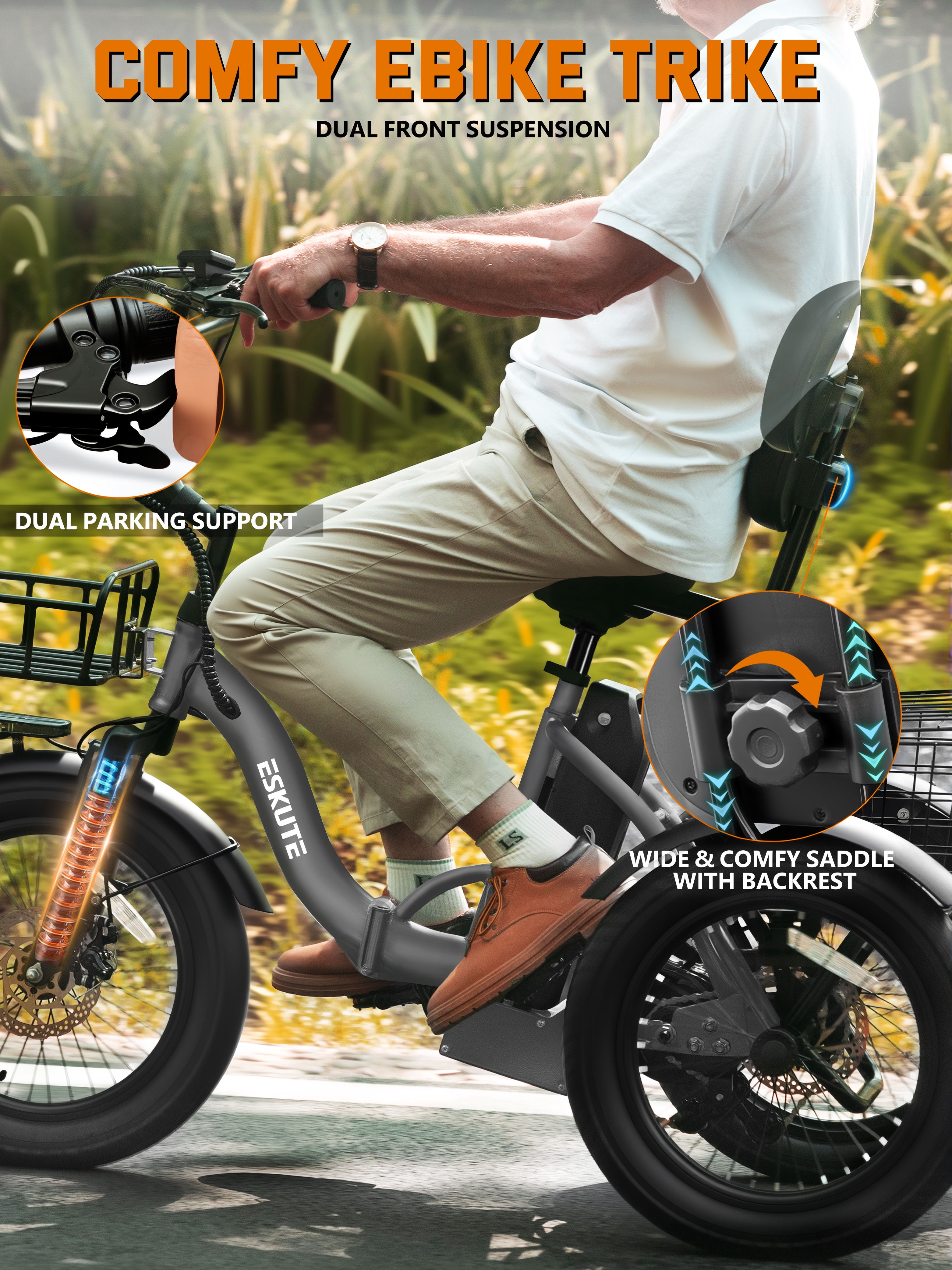 ESKUTE Adult E Trike Electric Tricycle – 750W Brushless Motor, 18+ MPH, Fat Tires, Foldable Step-Thru 3-Wheel E-Bike, Up to 55 Miles, Gray with Phone Holder Bag, Mirrors & Lock